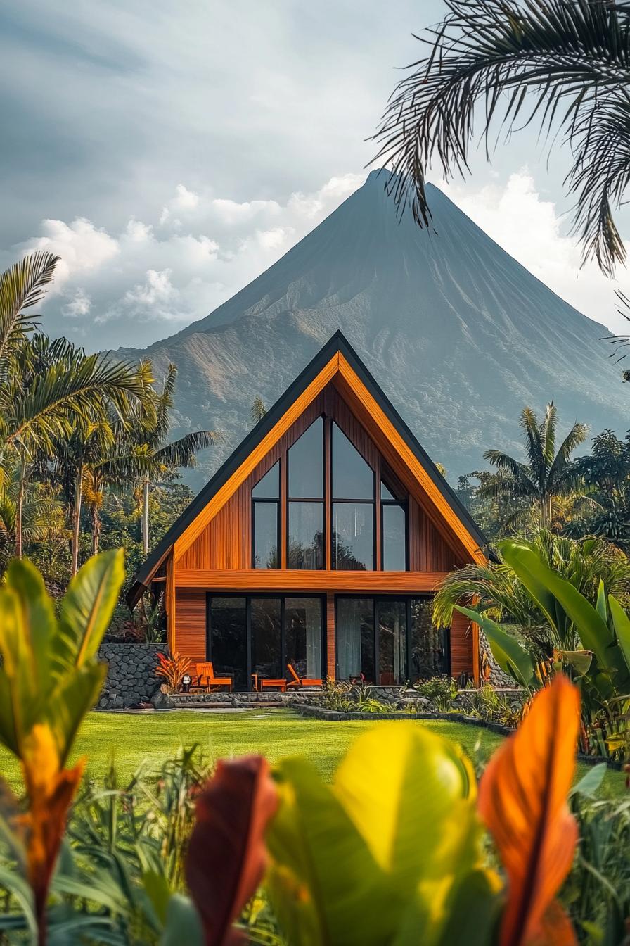 a frame facade house with timber cladding tropical landscape with tall palms majestic volcano in the background