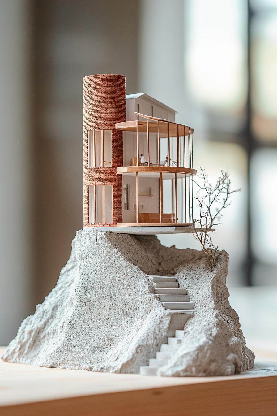 architecture model of a cylindrical house built on an old brick tower building 1