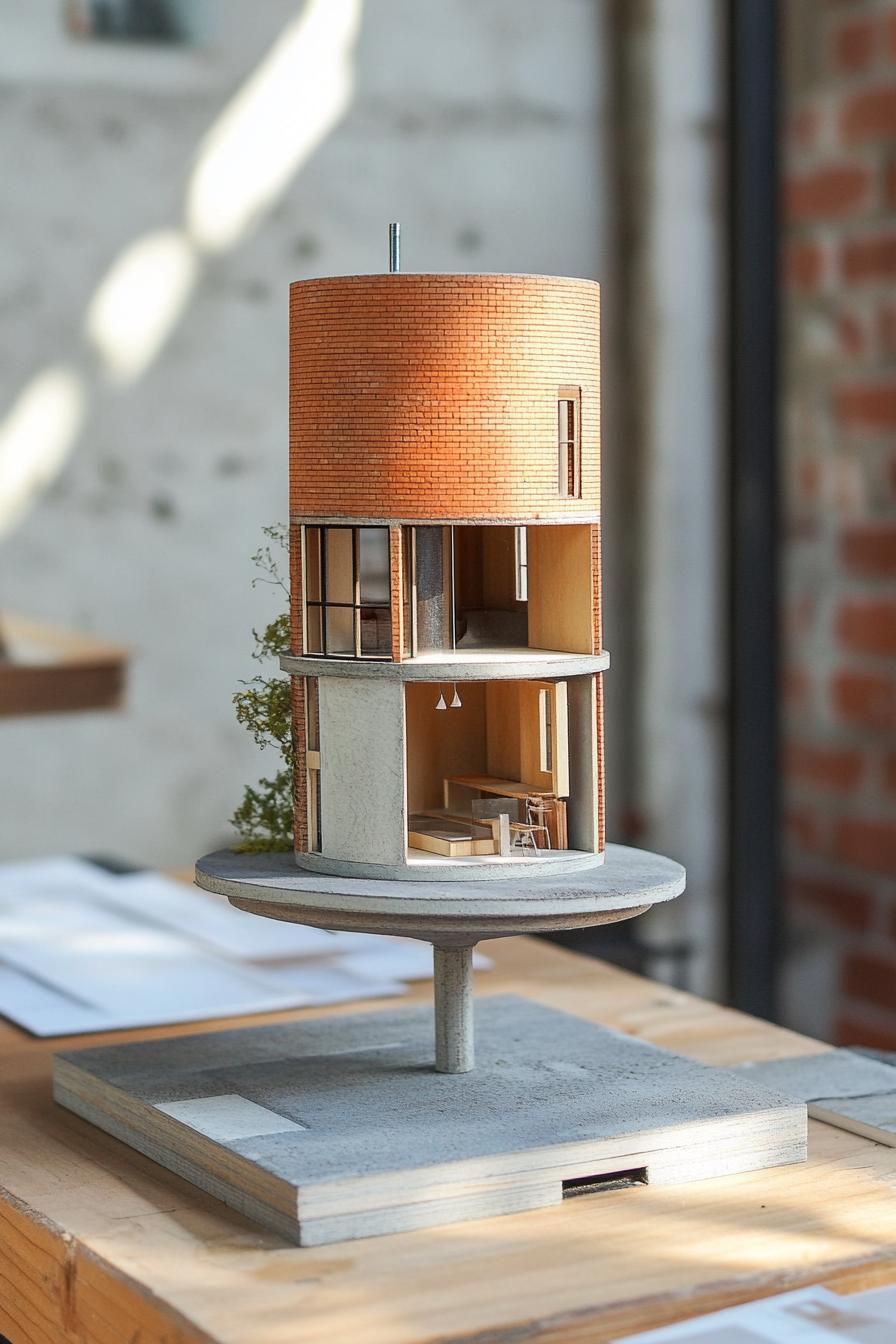 architecture model of a cylindrical house built on an old brick tower building