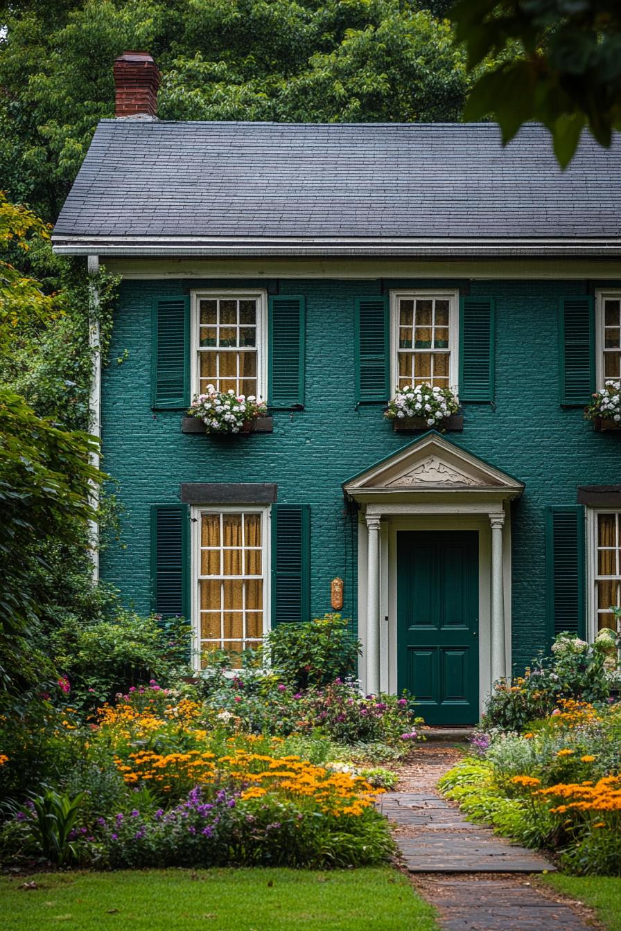 countryside two story house painted forest green modern shutter windows modern doors front garden with blooming flowers 1