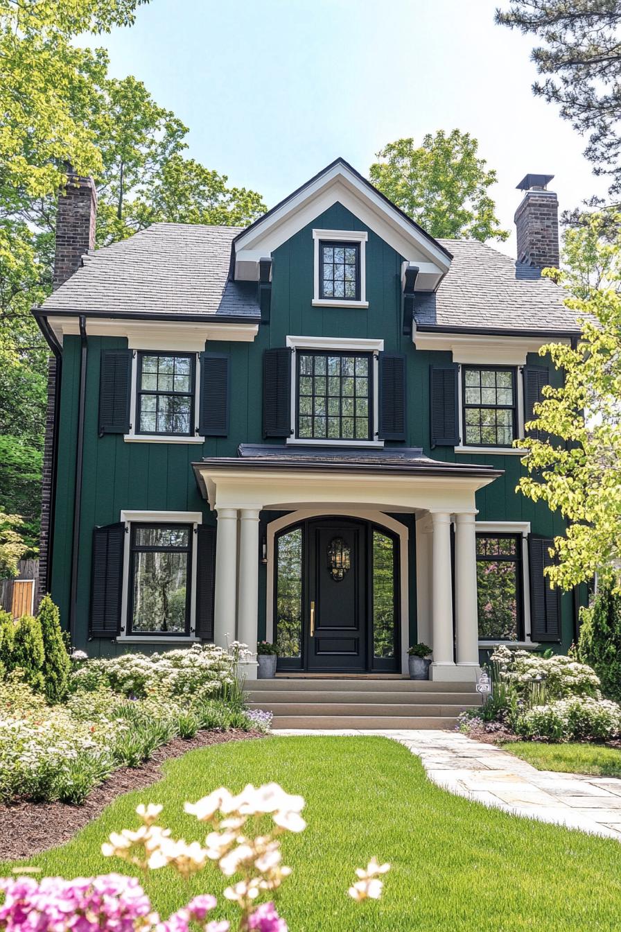 countryside two story house painted forest green modern shutter windows modern doors front garden with blooming flowers