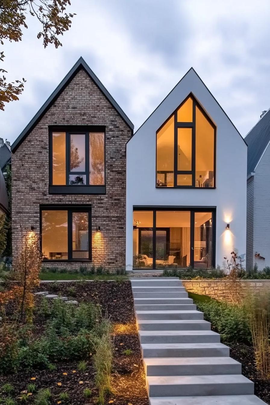 Brick and white gabled house with glowing windows