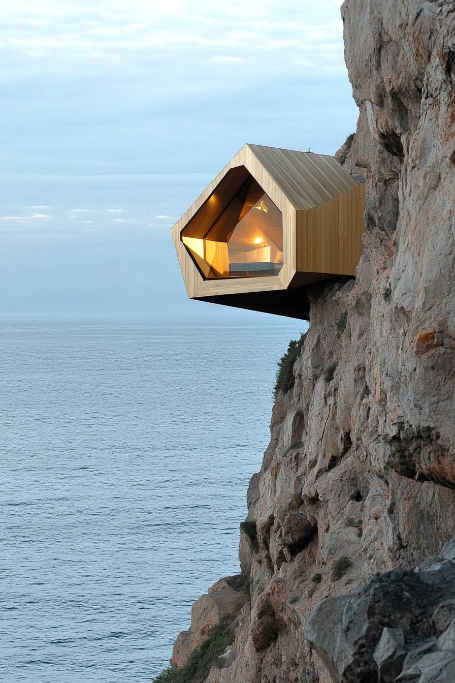 geodesic modern luxury cabin cantilevered on the cliff edge with stunning views