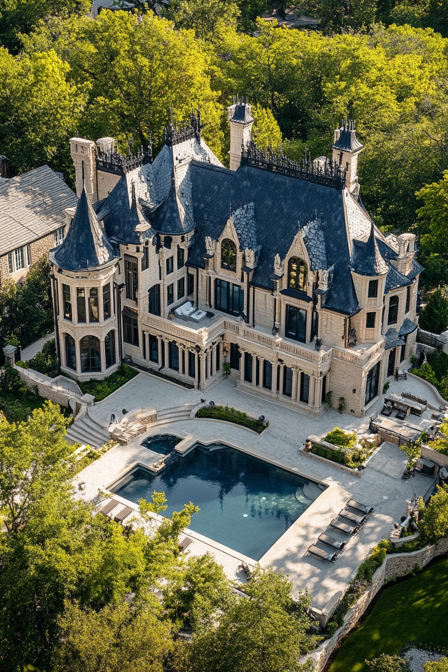 high angle view of a massive modern mansion with neo gothic features and turrets large pool in a paved yard surrounded by greenery 1