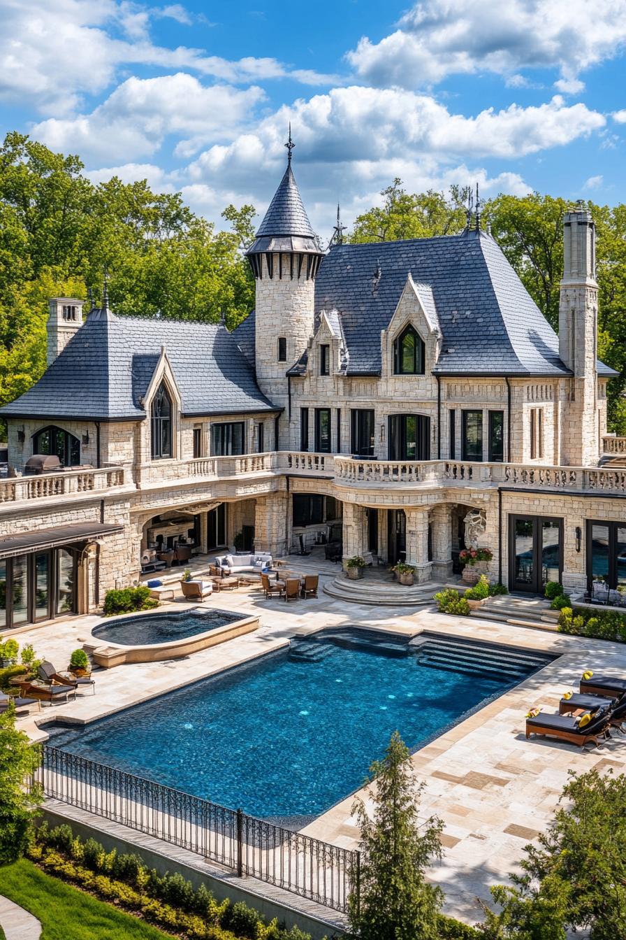 high angle view of a massive modern mansion with neo gothic features and turrets large pool in a paved yard surrounded by greenery 2