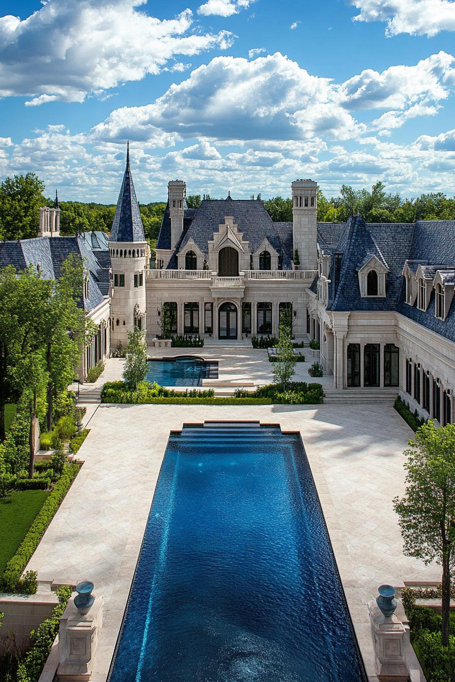 high angle view of a massive modern mansion with neo gothic features and turrets large pool in a paved yard surrounded by greenery