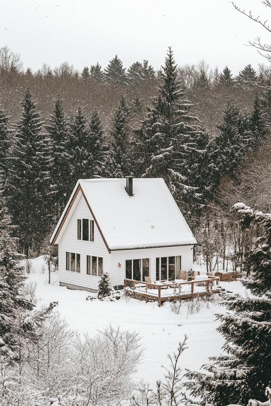 high angle view of a modern a frame house with white siding and white roof in stunning winter Nordic landscape 1