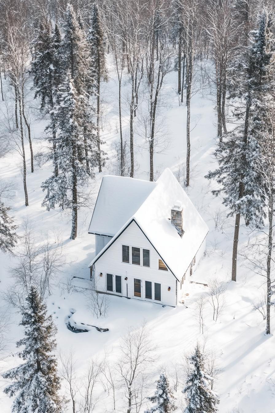 high angle view of a modern a frame house with white siding and white roof in stunning winter Nordic landscape 2