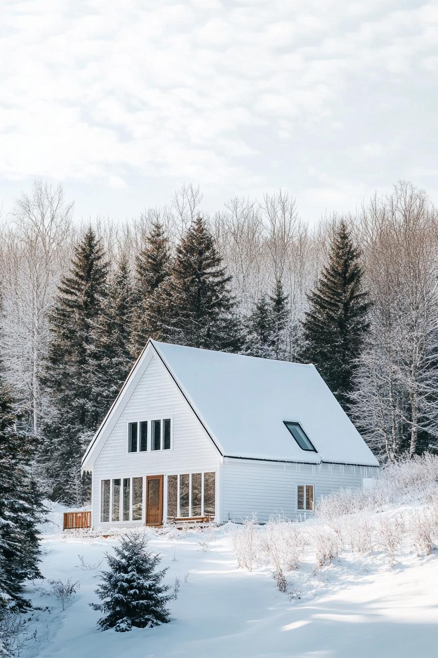 high angle view of a modern a frame house with white siding and white roof in stunning winter Nordic landscape