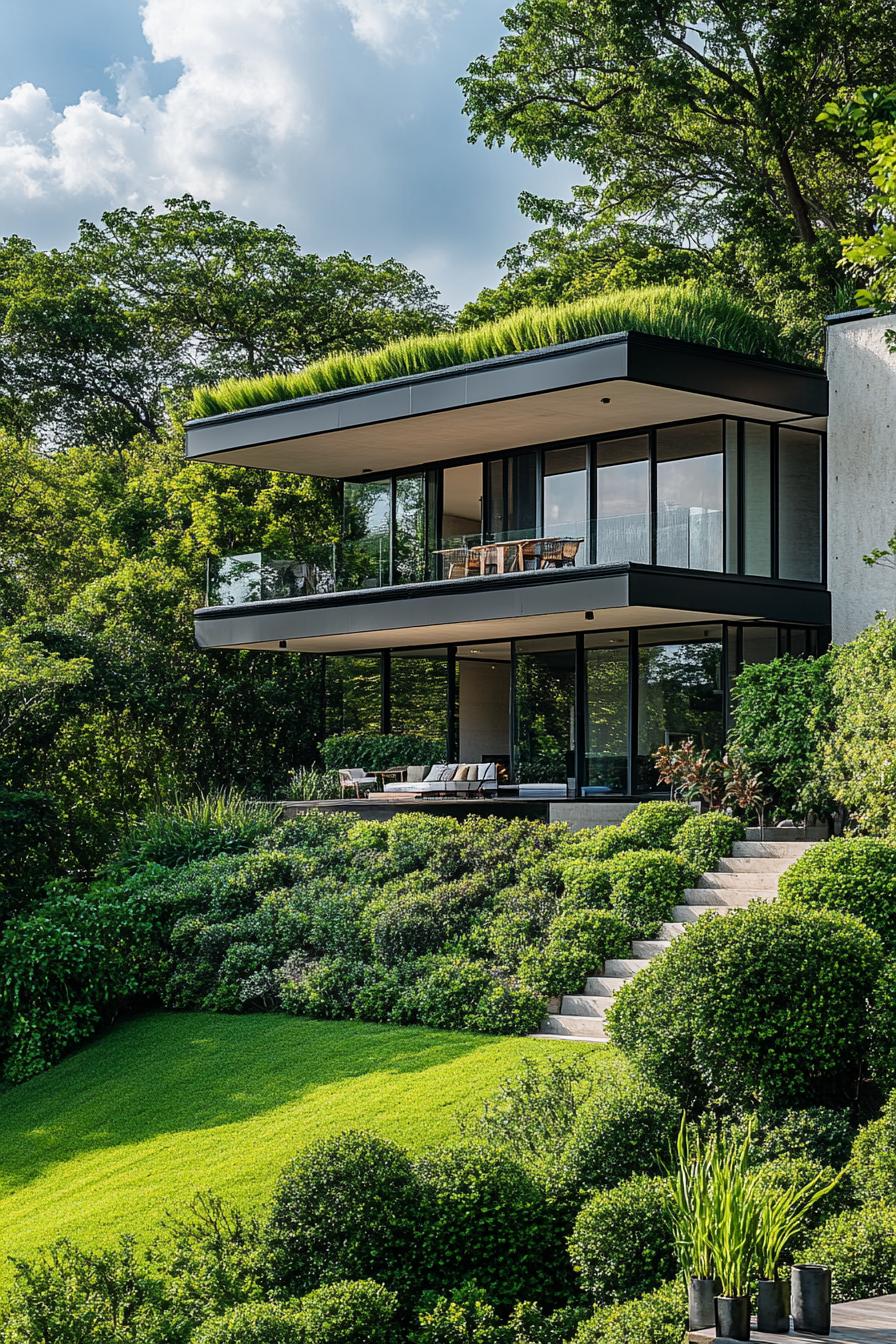 high angle view of a modern house built onto a gree hill slope with lush bushes in landscape the house has full wall windows and flat roof the 1