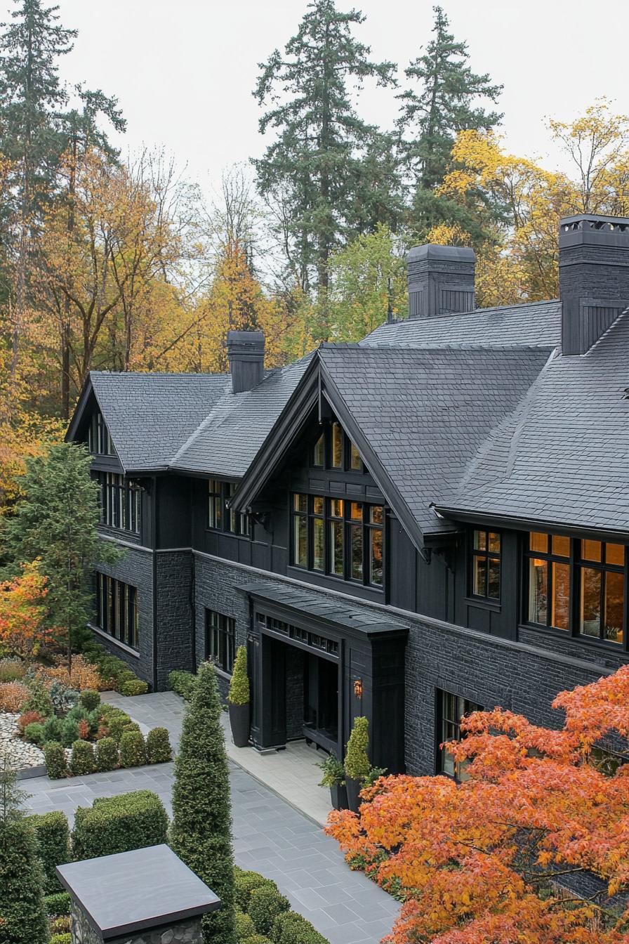 high angle view of large black manor house modern windows roof with gables and black shingles front garden terraced landscaping forest with mixed 1