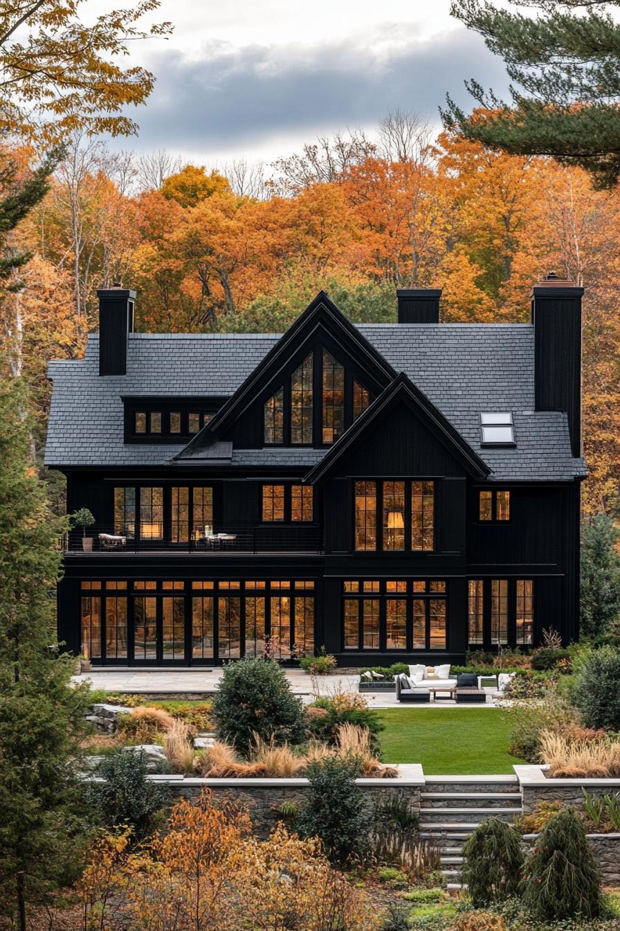 high angle view of large black manor house modern windows roof with gables and black shingles front garden terraced landscaping forest with mixed