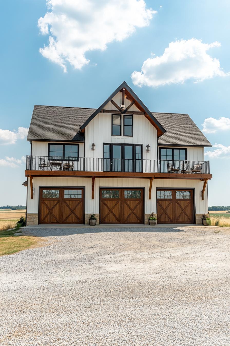 large b lue shouse barndominium with modern windows balcony large porch garage doors gravel driveway and yard farmland fields in the background 1