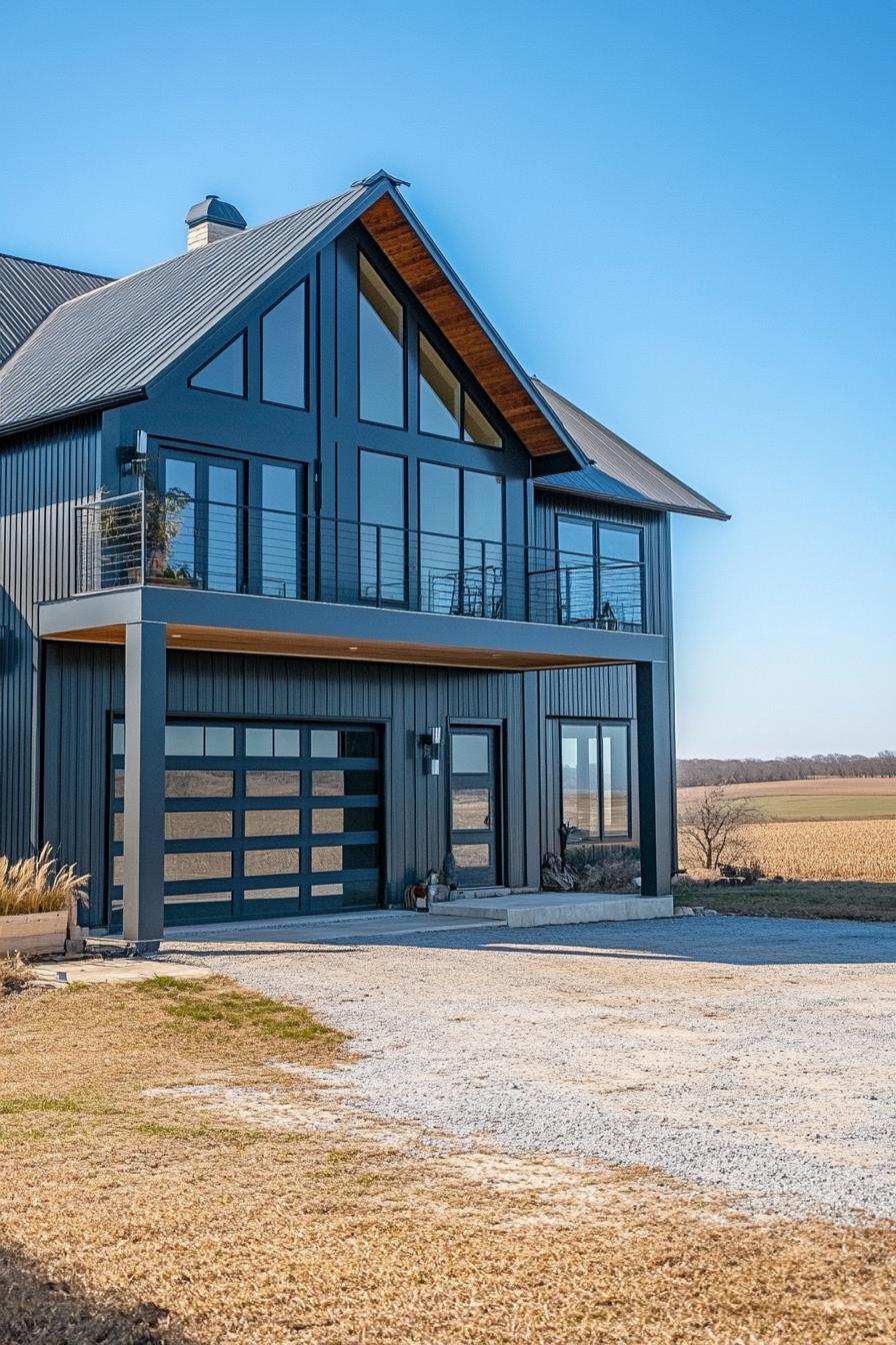 large b lue shouse barndominium with modern windows balcony large porch garage doors gravel driveway and yard farmland fields in the background 3