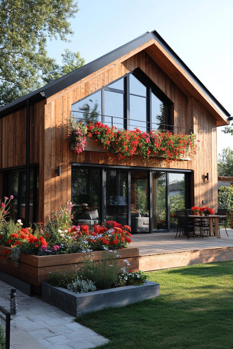 Wooden house with large windows and vibrant flowers