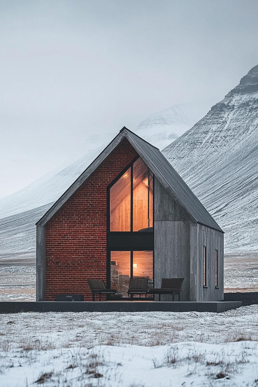 A cozy brick and wood cabin in a snowy mountain landscape