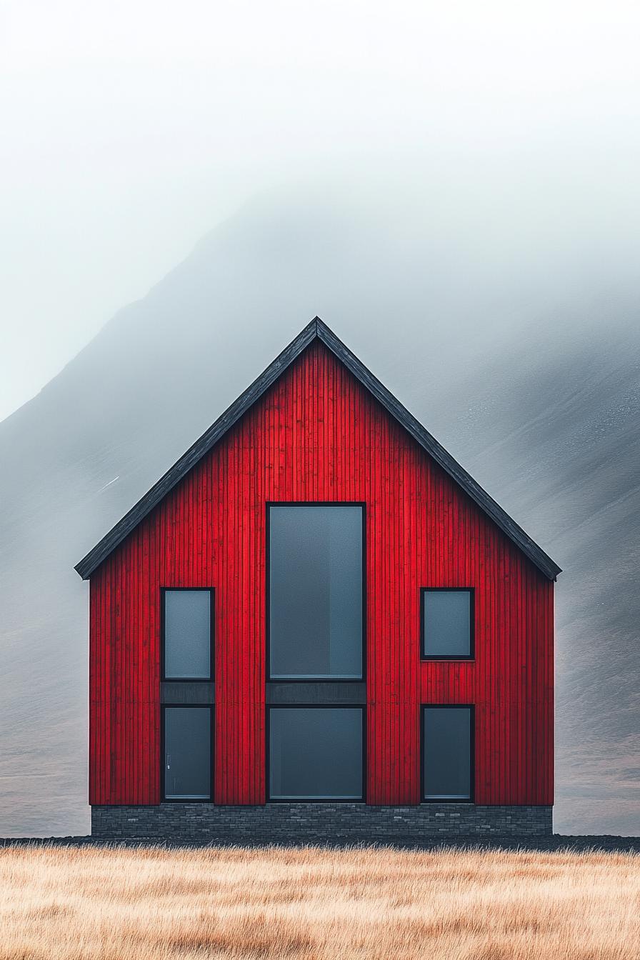 Two-story red house with large windows surrounded by foggy mountains