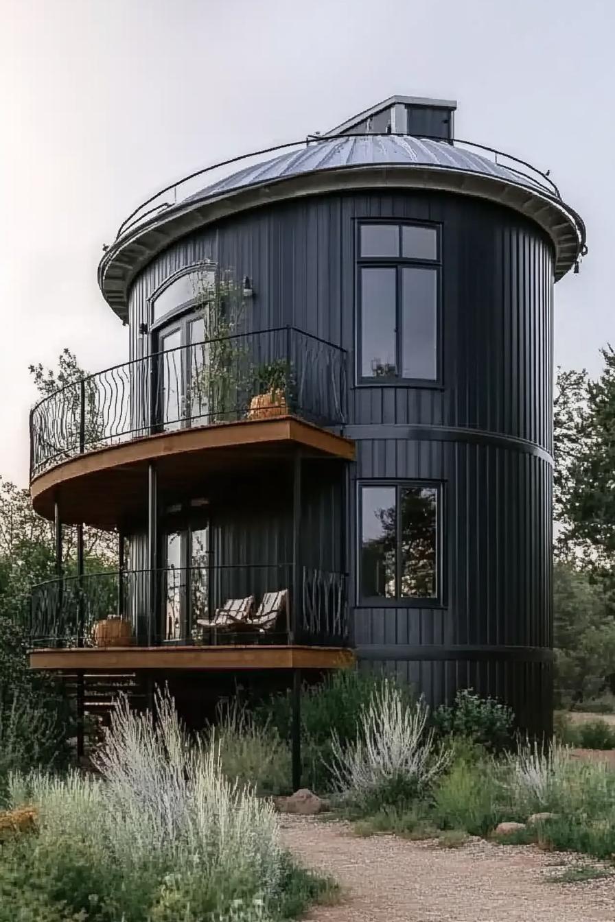 modern black house made of metal grain silo it has en elevated porch on stilts with a curved roof modern windows and doors landscape with native