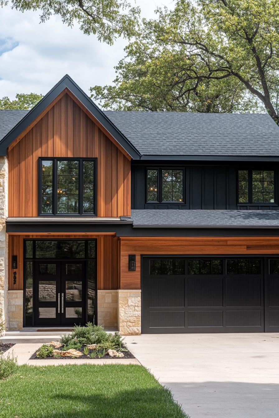 modern farmhouse in mixed siding with black cedar stone multi pitched black roof modern windows with black trim cedar wood garage doors large 1