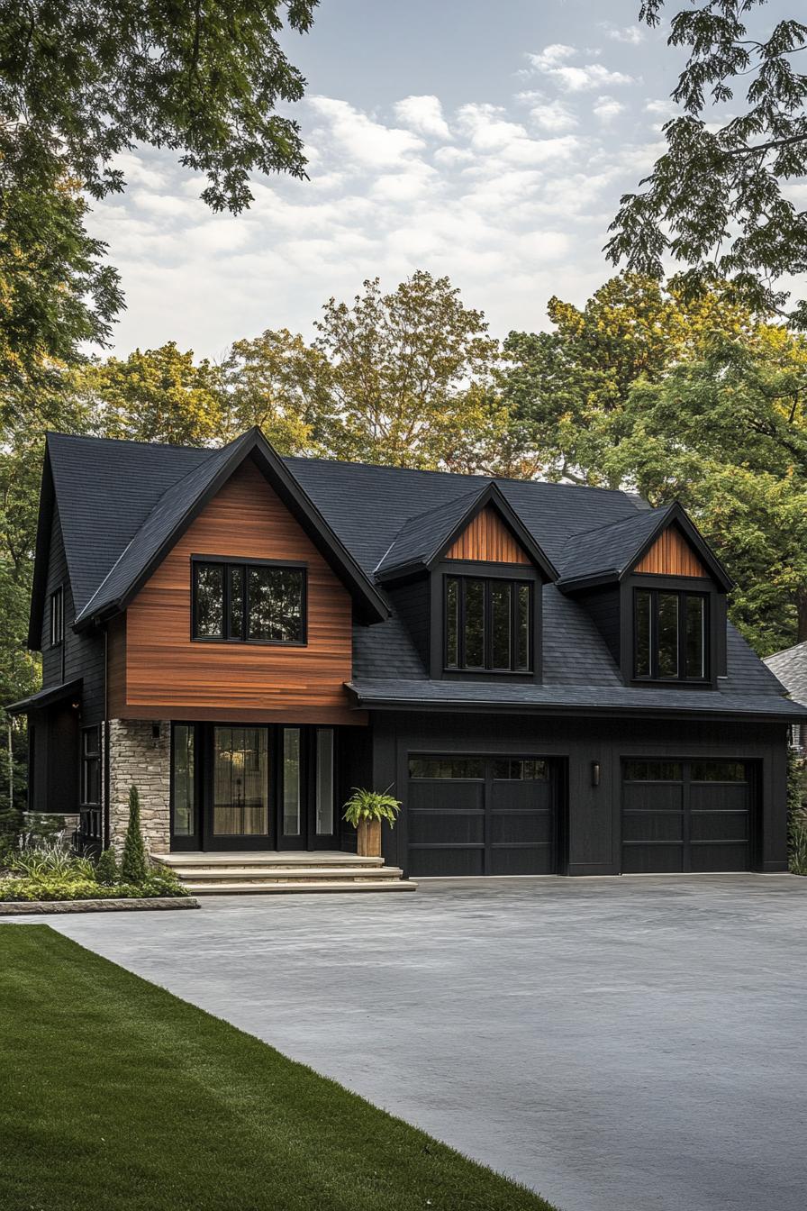 modern farmhouse in mixed siding with black cedar stone multi pitched black roof modern windows with black trim cedar wood garage doors large 2