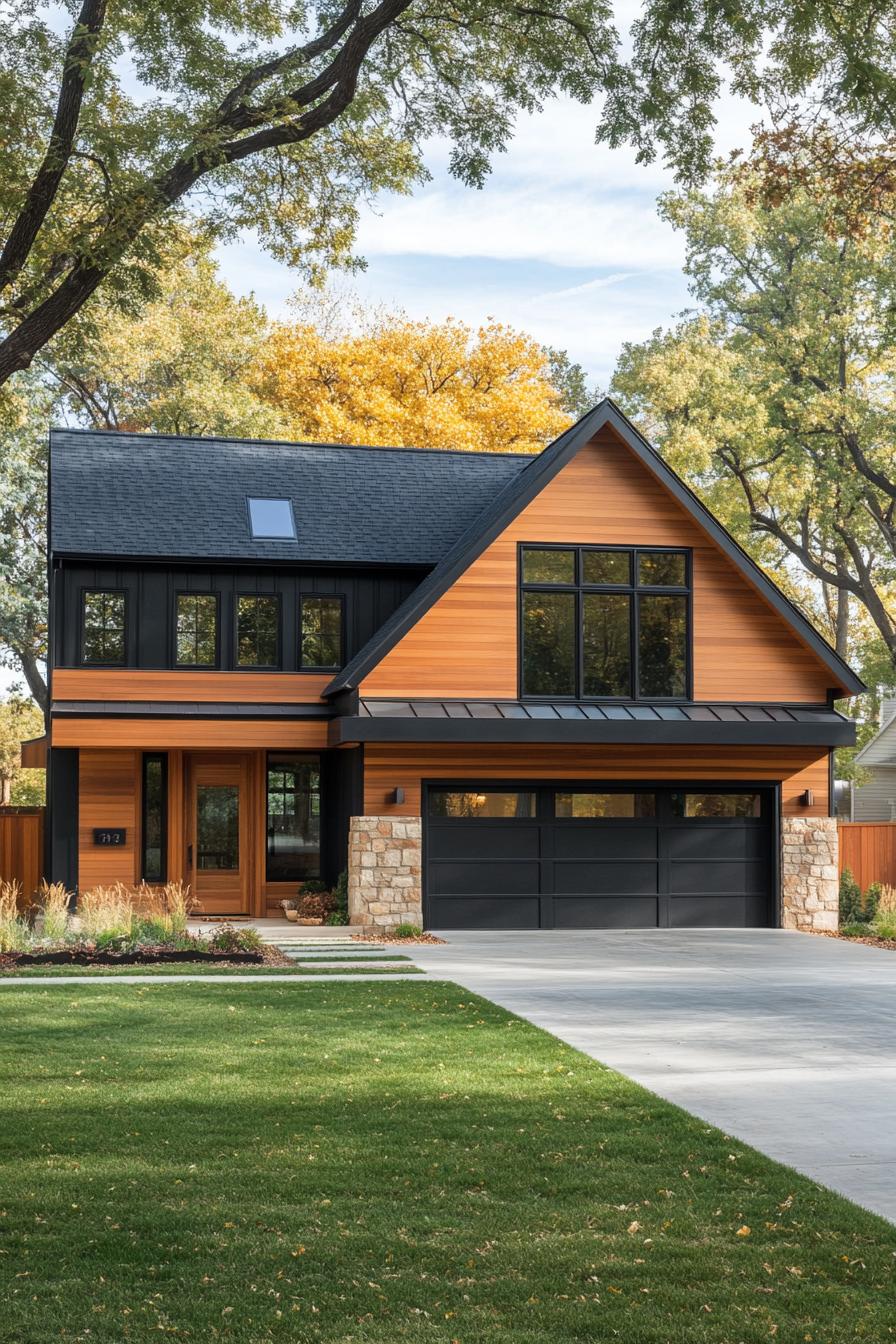 modern farmhouse in mixed siding with black cedar stone multi pitched black roof modern windows with black trim cedar wood garage doors large 3