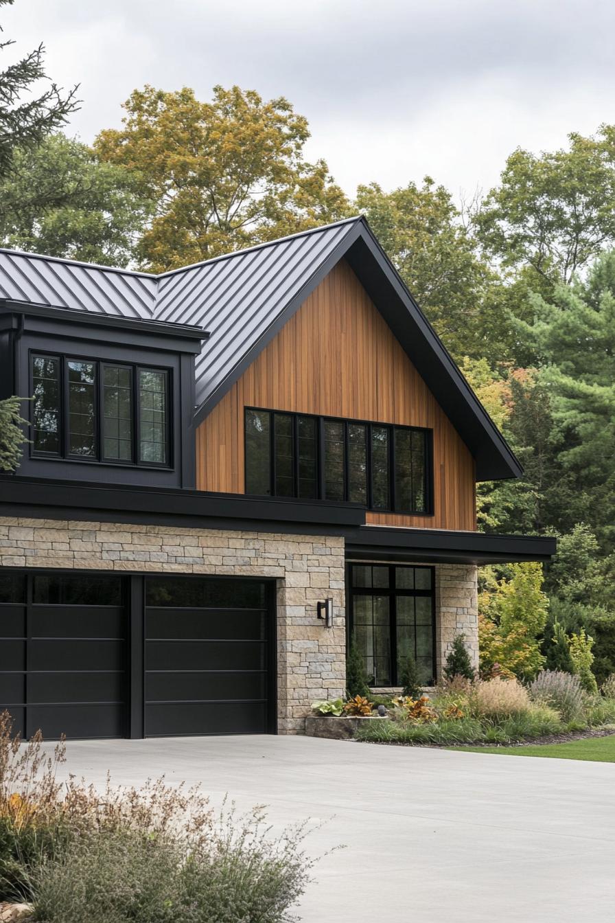 modern farmhouse in mixed siding with black cedar stone multi pitched black roof modern windows with black trim cedar wood garage doors large