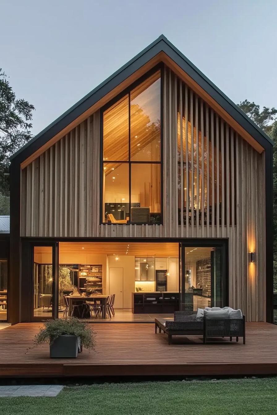 Modern barn home with large windows and wooden deck