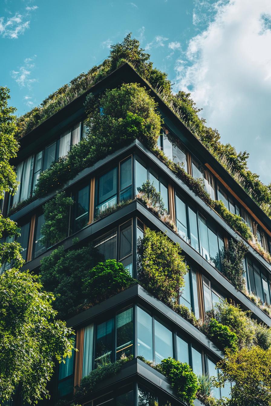 modern metal building facade architecture with green plants 1