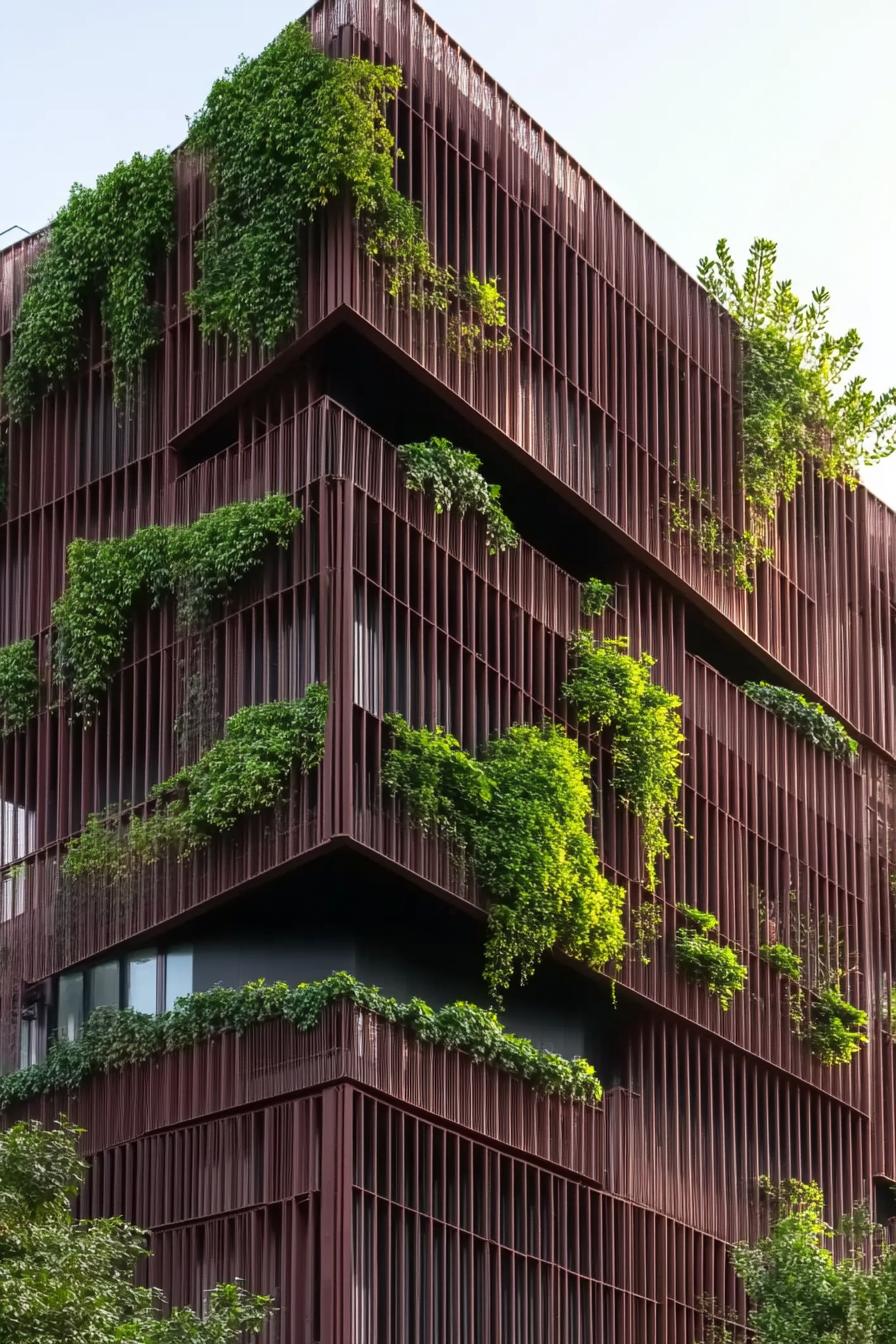 modern metal building facade architecture with green plants 2