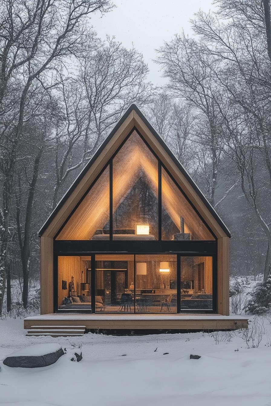 A-Frame cabin with large glass windows in a snowy forest