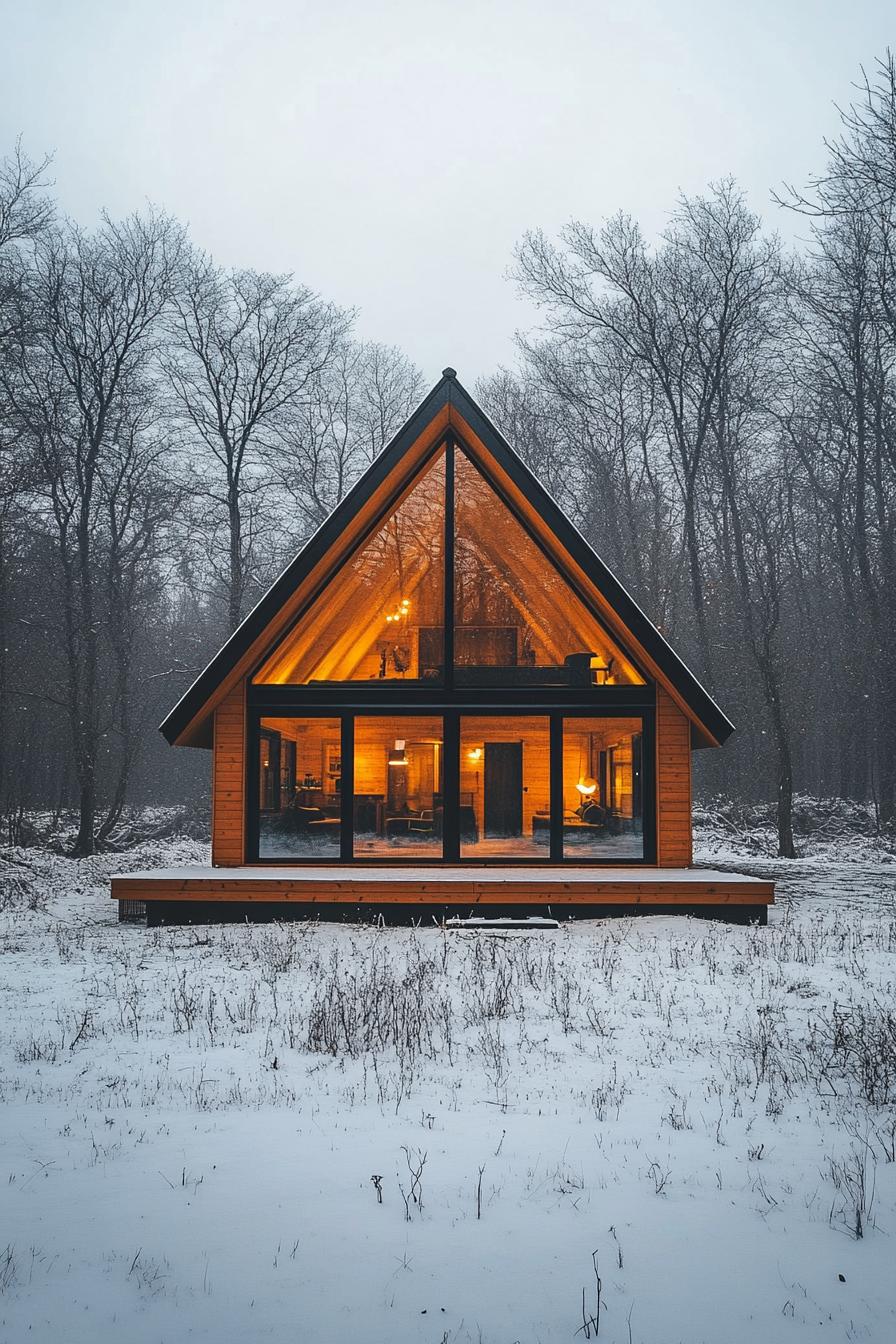 Warmly lit cabin on a snowy winter evening