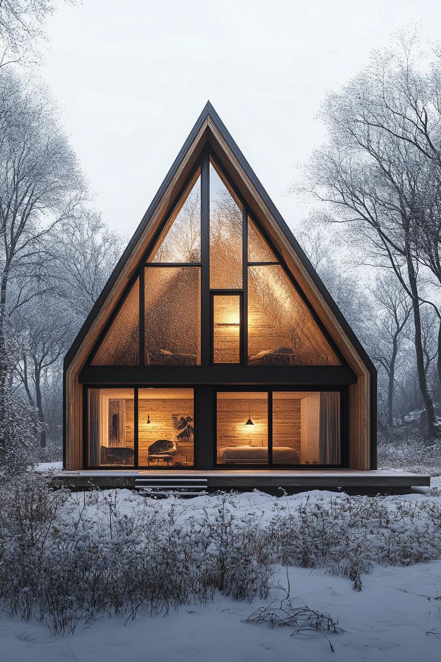 A-Frame cabin with glowing interiors in snowy woods