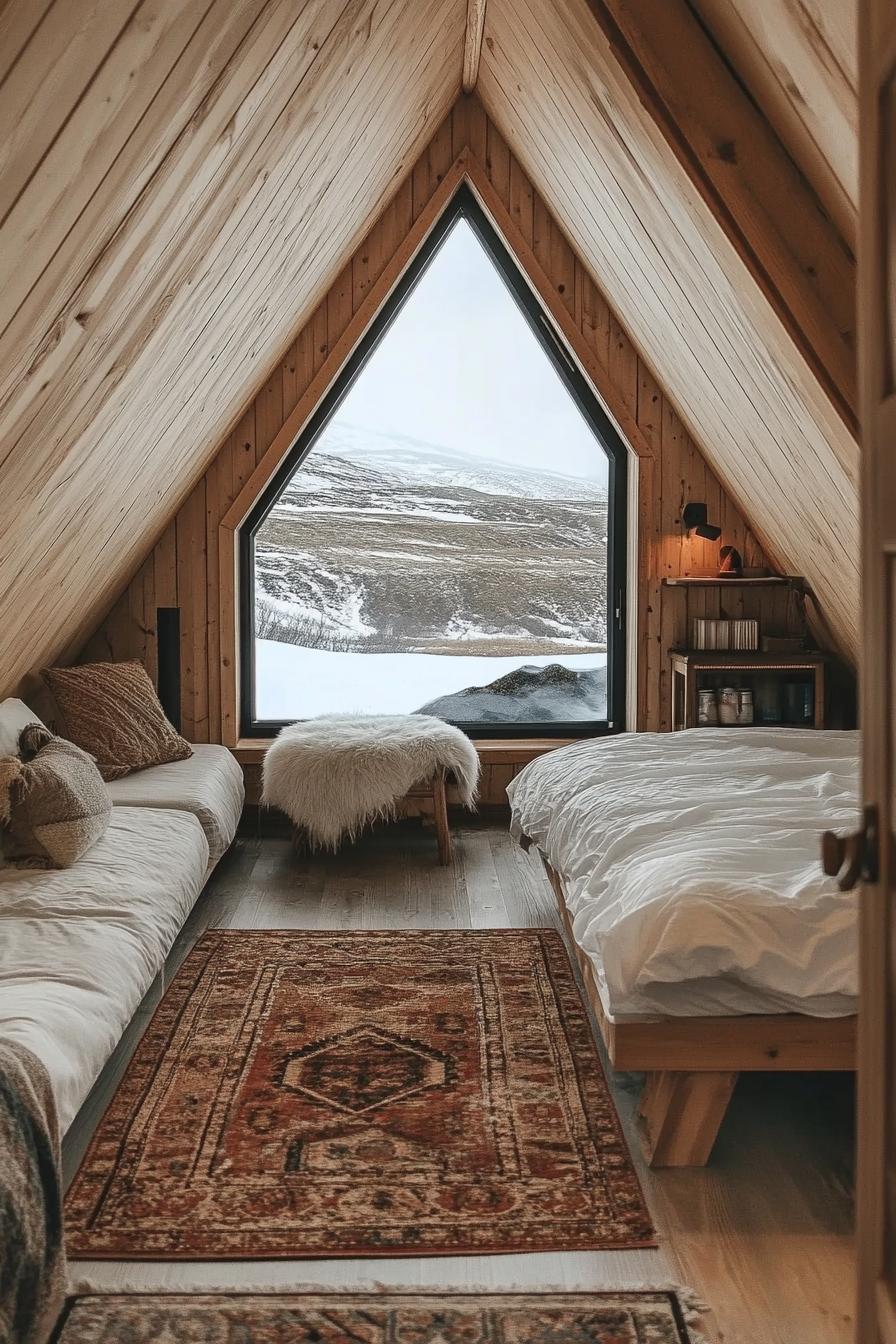 Interior of a Wooden Cabin with Large Triangular Window