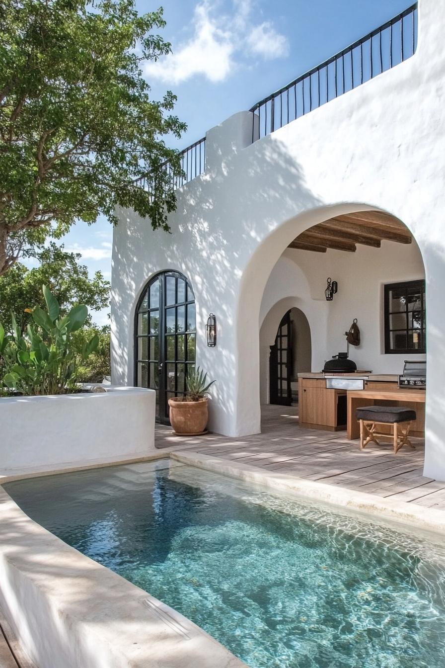 small modern white spanish house courtyard with a plunge pool theres an outdoor kitchen under large arched deck 1