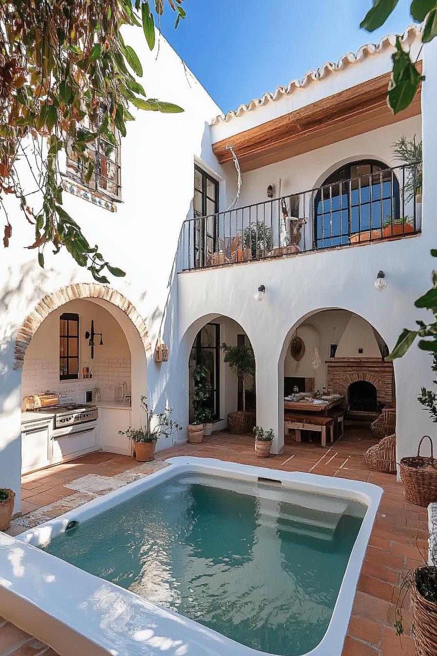 small modern white spanish house courtyard with a plunge pool theres an outdoor kitchen under large arched deck 2