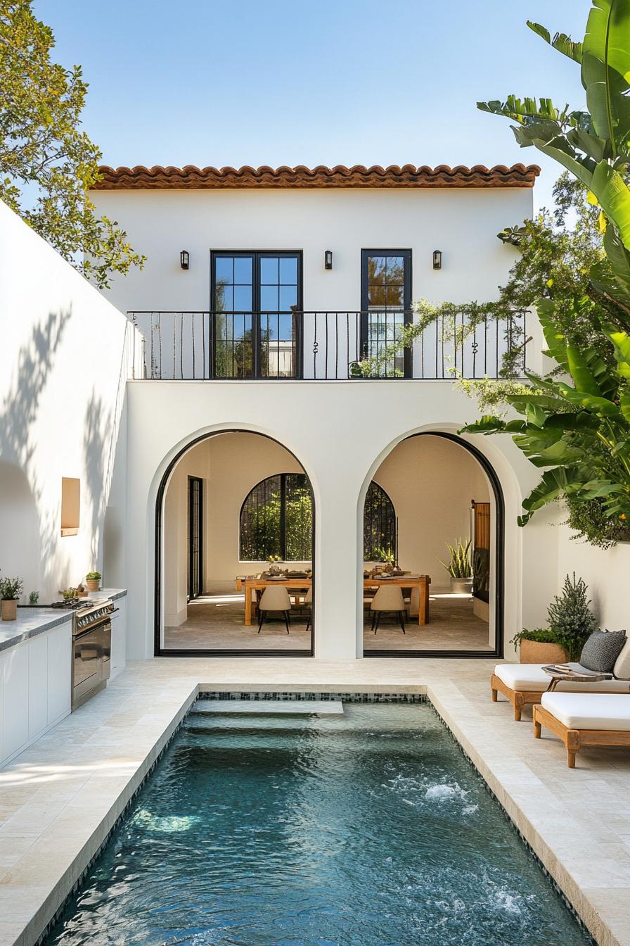 small modern white spanish house courtyard with a plunge pool theres an outdoor kitchen under large arched deck