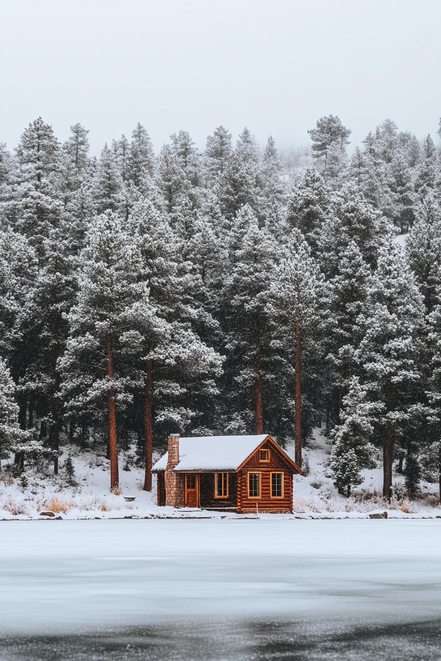 tiny cabin on a frozen lake surrouneded with crips white snowed in trees 1