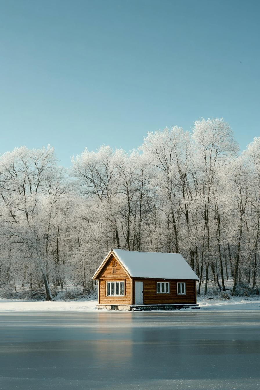 tiny cabin on a frozen lake surrouneded with crips white snowed in trees 2