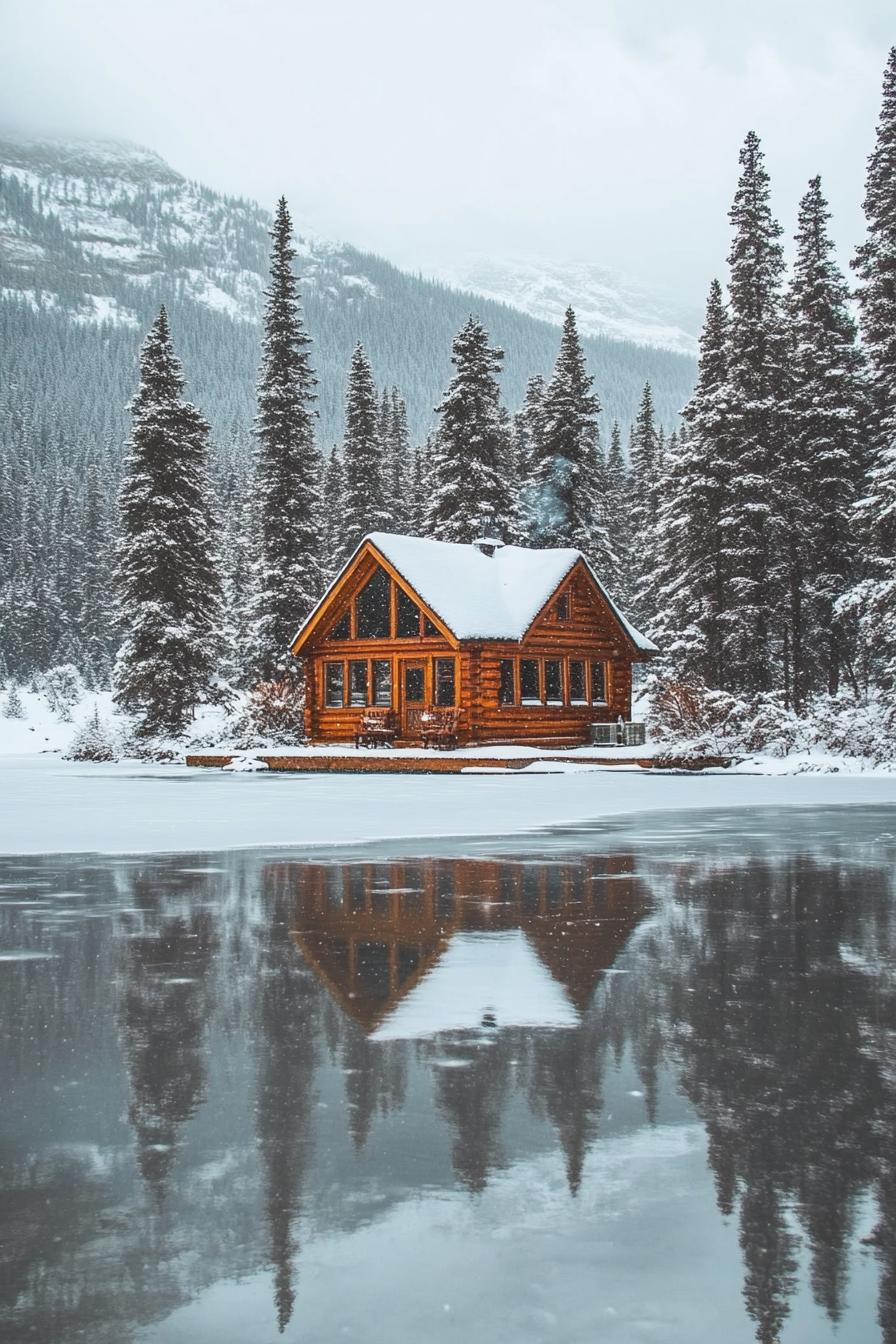 tiny cabin on a frozen lake surrouneded with crips white snowed in trees