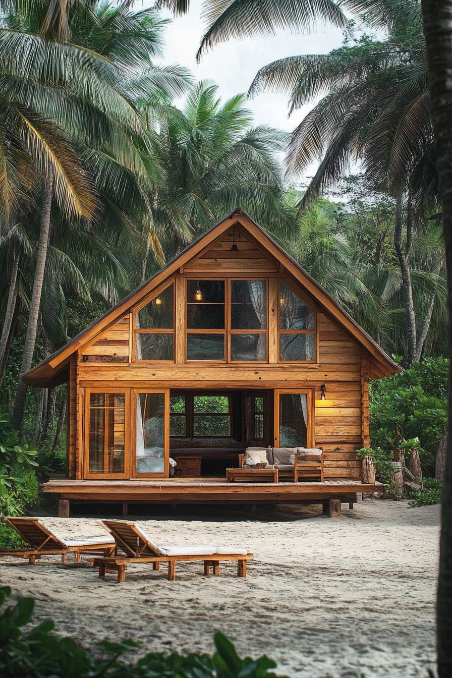 Wooden cabin nestled among palm trees on a sandy beach