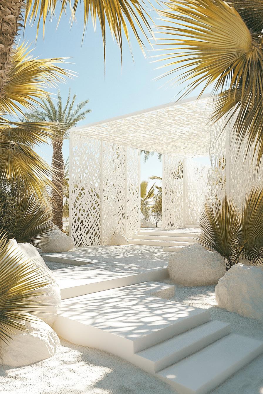 white geometric pavillion in the desert with palms dreamscape design 1