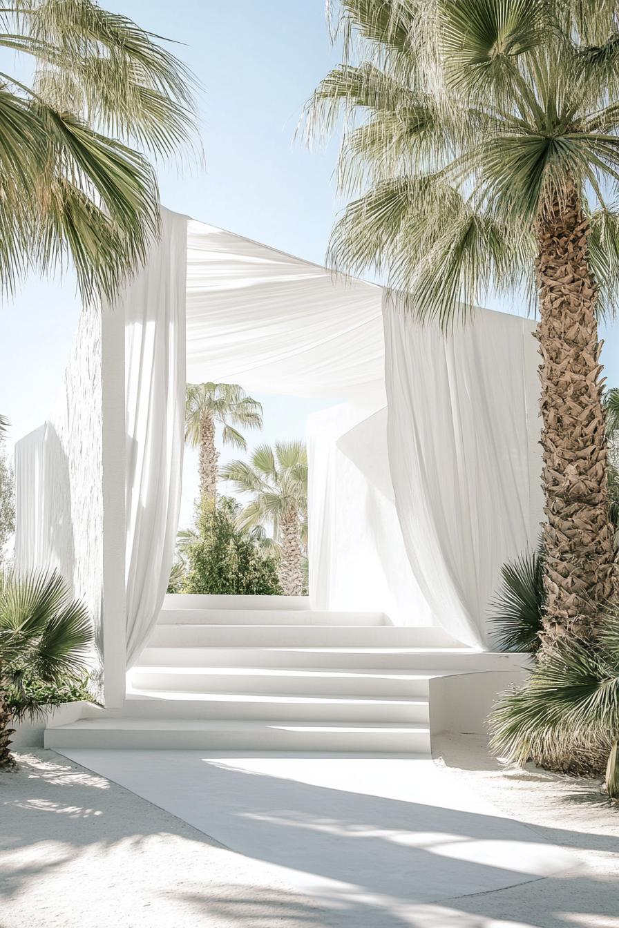 white geometric pavillion in the desert with palms dreamscape design 2