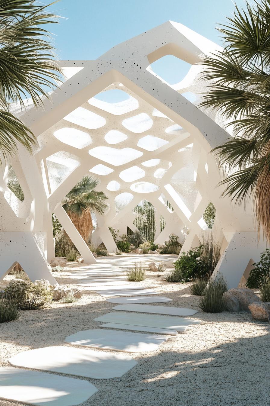 white geometric pavillion in the desert with palms dreamscape design