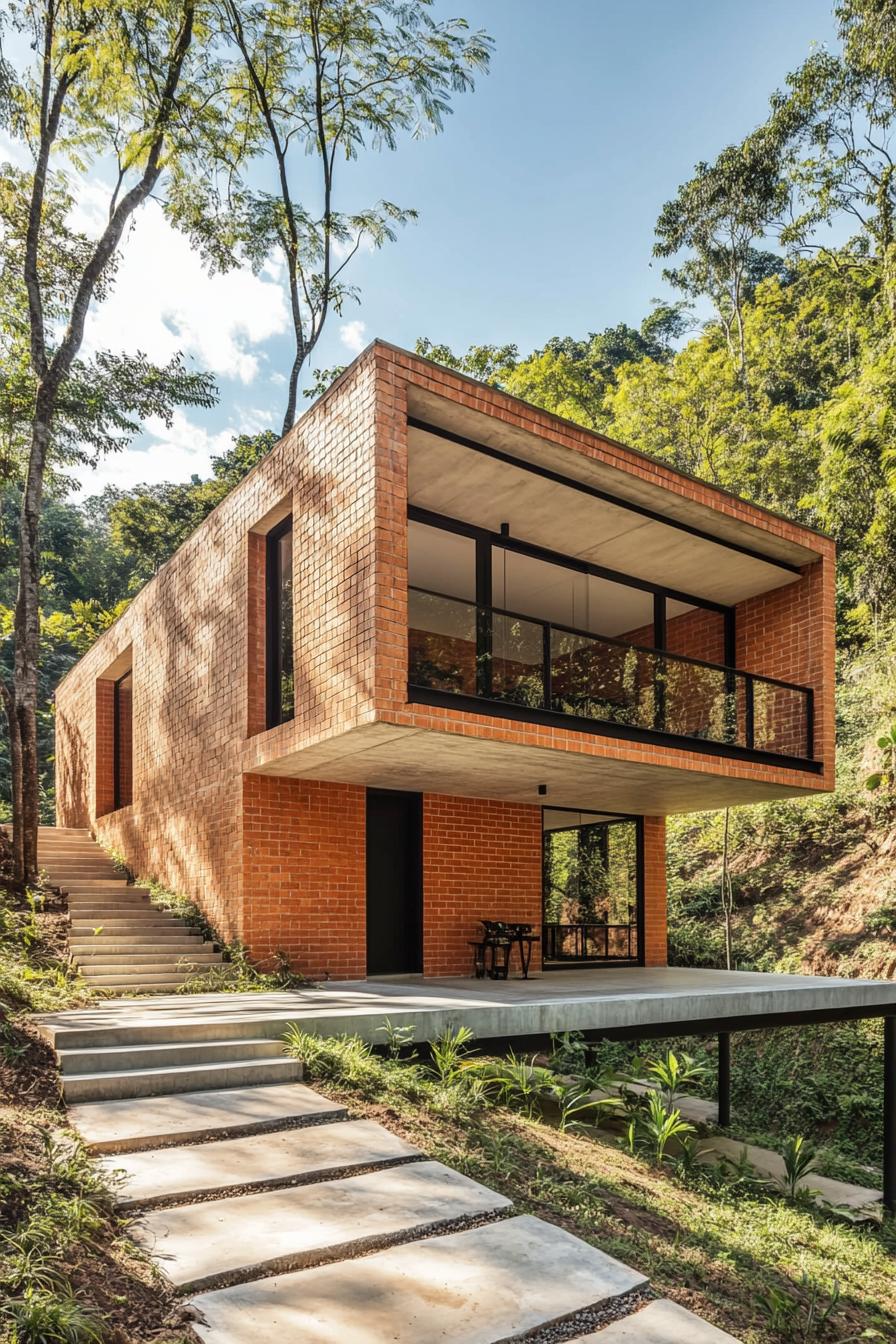 A modernist house made of red brick and wood situated on the side of a hill in a Brazilian forested landscape with concrete walkways. Architectural 1