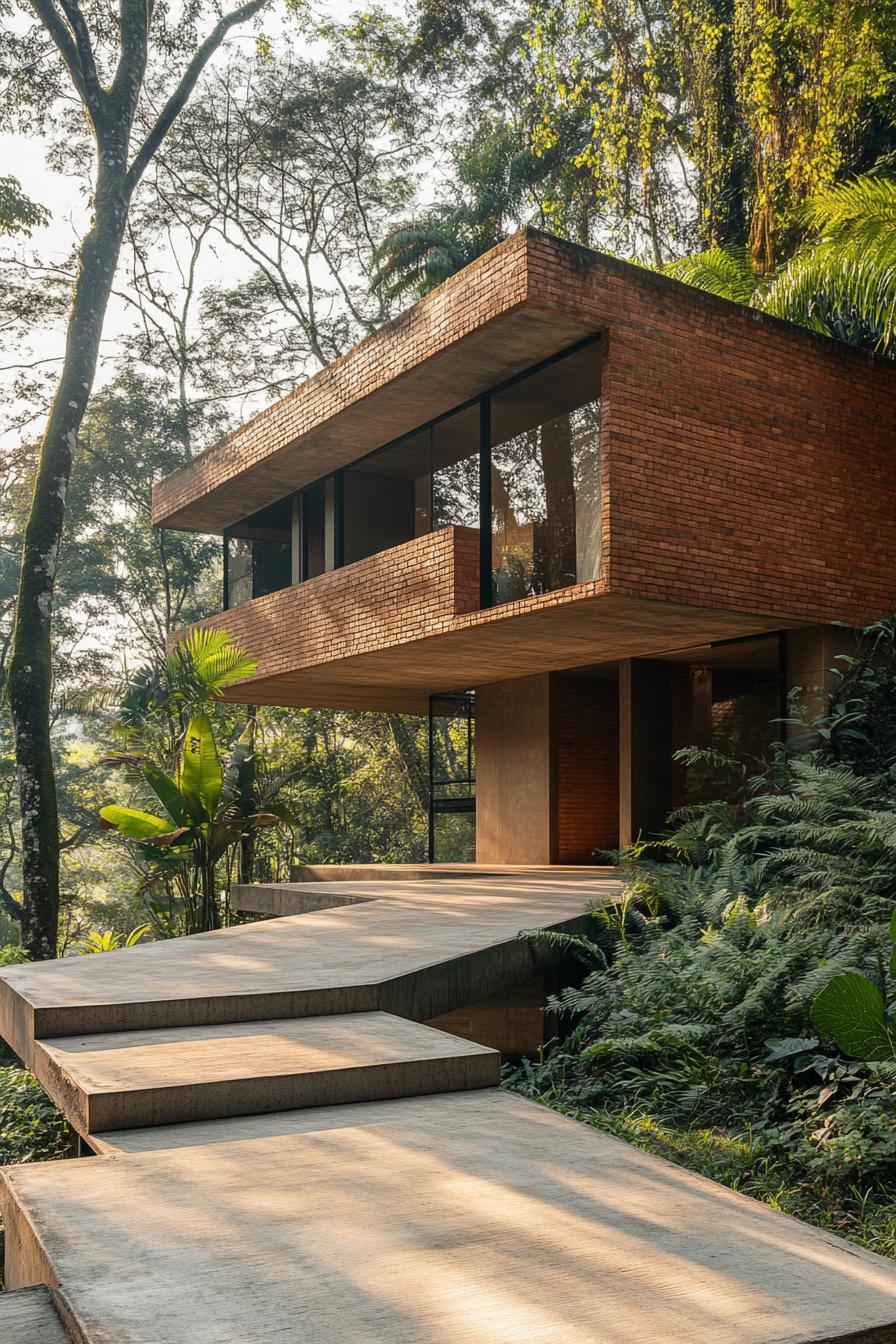 A modernist house made of red brick and wood situated on the side of a hill in a Brazilian forested landscape with concrete walkways. Architectural