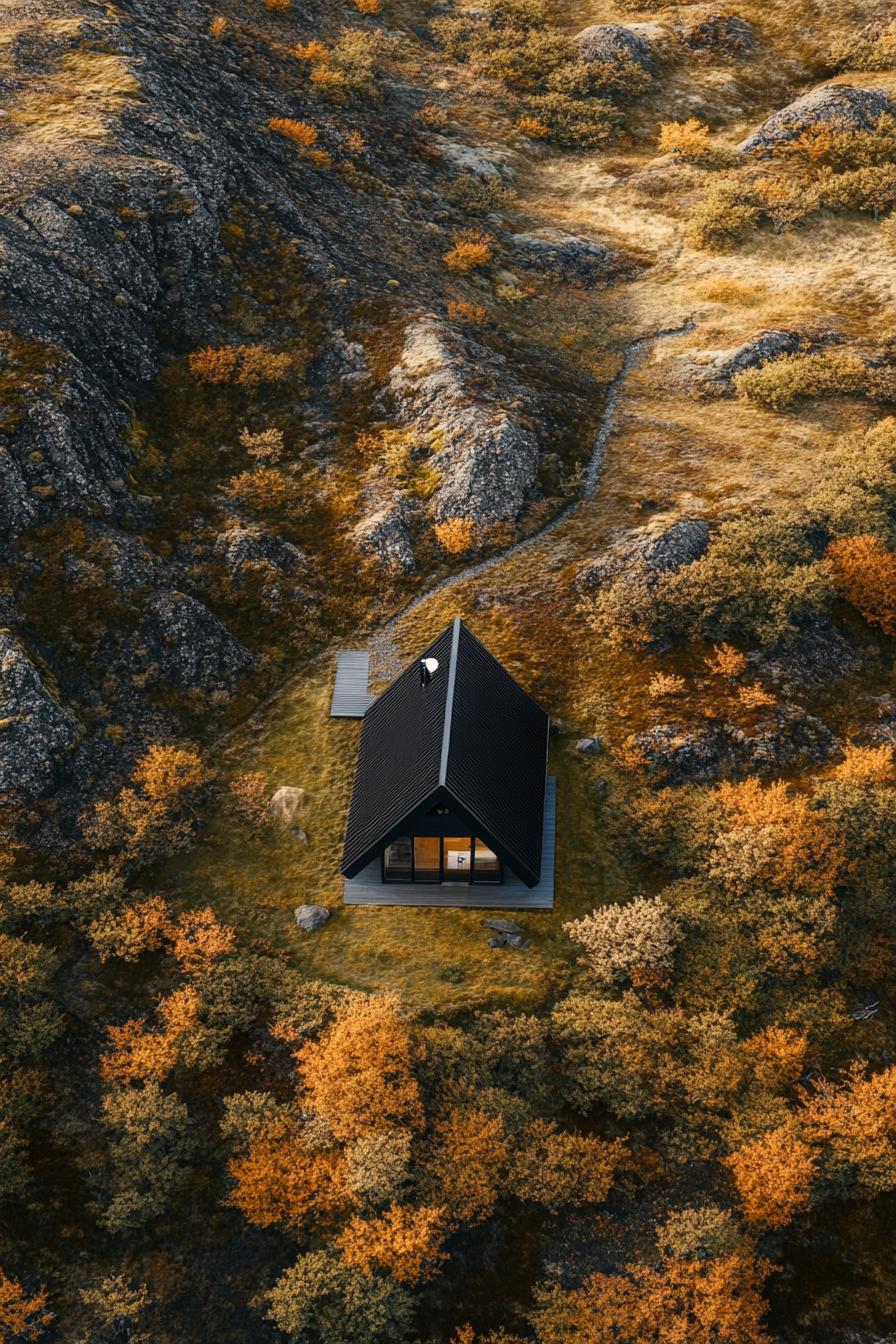 aerial view of a black a frame modern house in stunning Icelandic landscape with contrasting colors 1