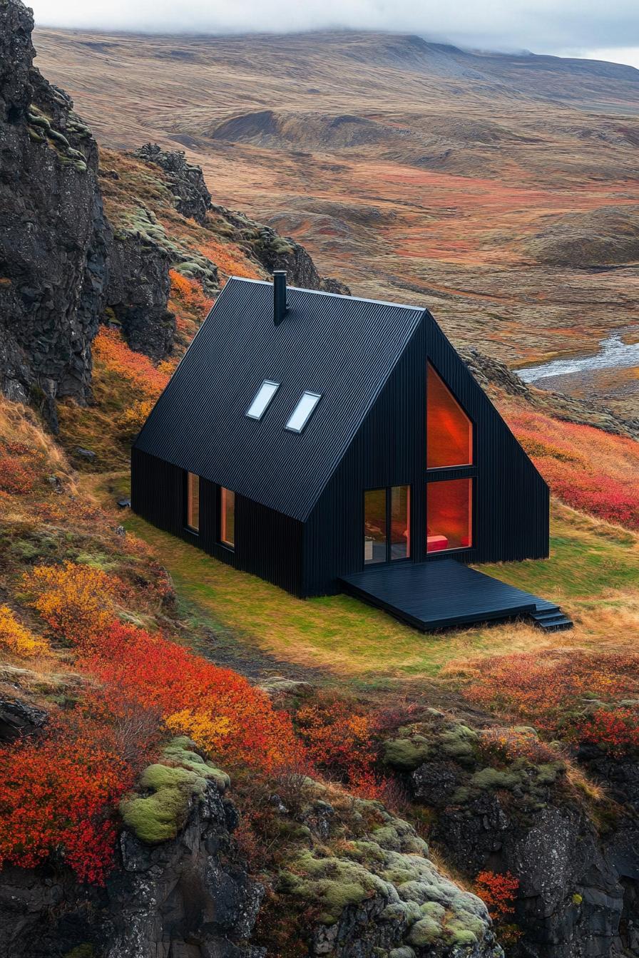 aerial view of a black a frame modern house in stunning Icelandic landscape with contrasting colors 2