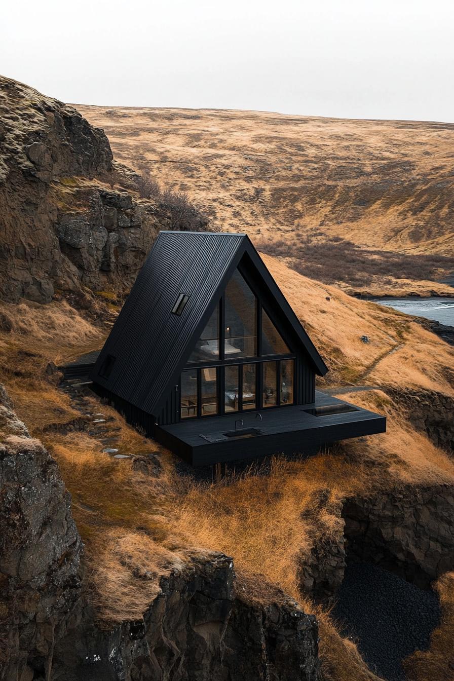 aerial view of a black a frame modern house in stunning Icelandic landscape with contrasting colors 3