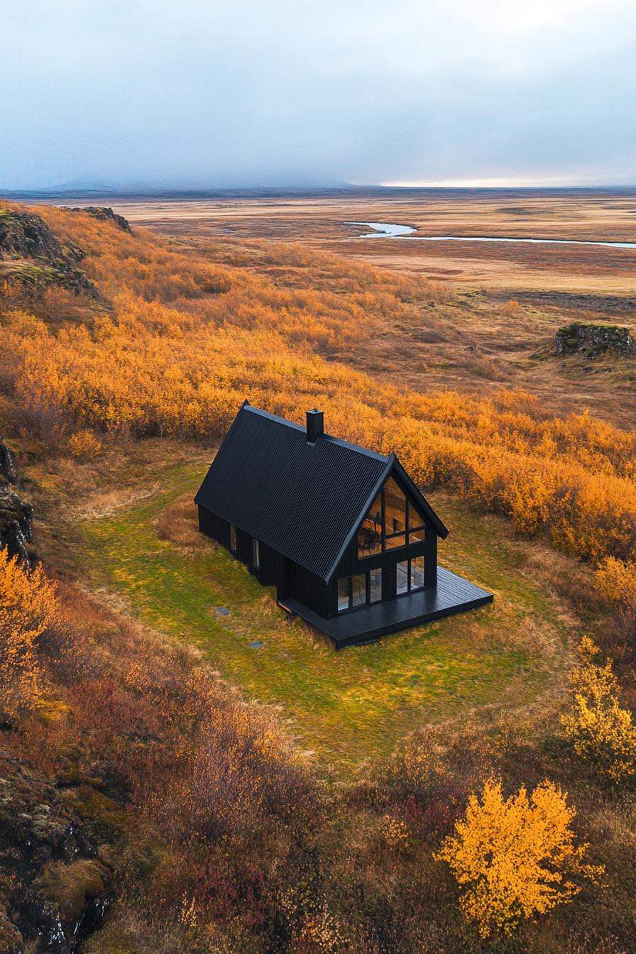 aerial view of a black a frame modern house in stunning Icelandic landscape with contrasting colors