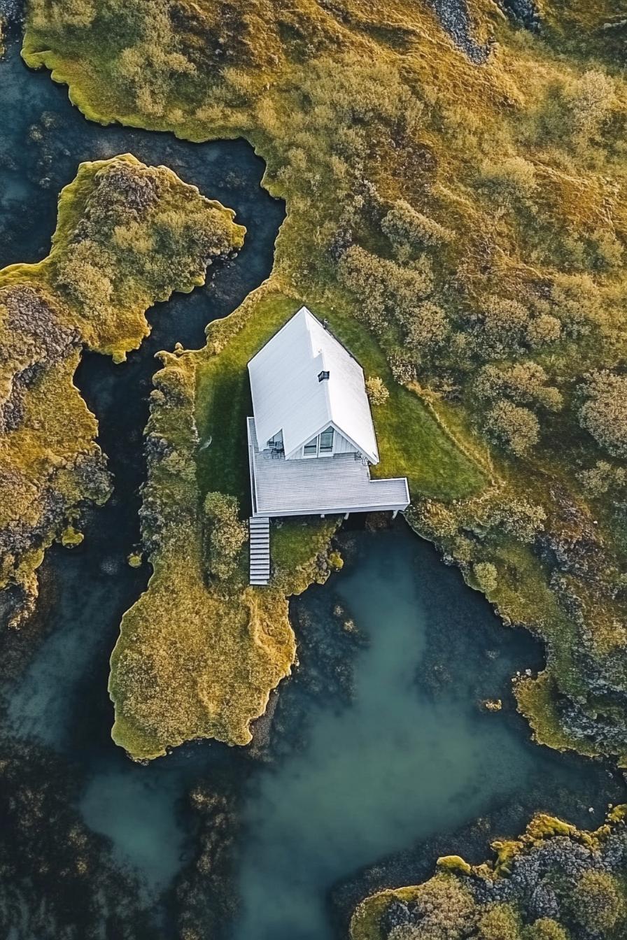 aerial view of a modern a frame house with white siding and white roof in stunning Icelandic landscape with thermal streams contrasting colors 1